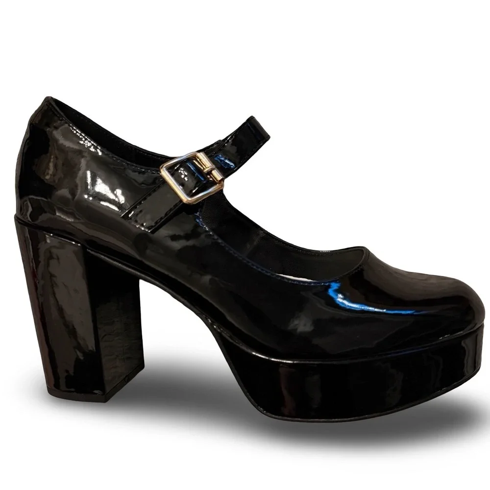 Coutgo Black Patent Leather Platform Mary Jane Block Heels Sz 11 NEW